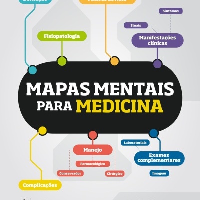 Capa de livro com título e tópicos coloridos sobre mapas mentais para medicina