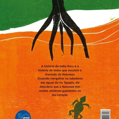 Capa traseira de livro com texto e arte colorida com raízes e sapo
