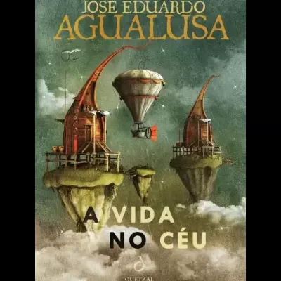 Capa de livro com casas flutuantes, balão e texto do título e autor.