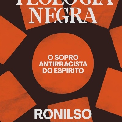 Capa de livro Teologia Negra com texto em branco sobre fundo laranja e preto