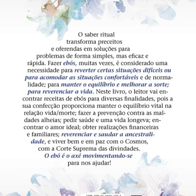 Contracapa de livro com texto explicativo e fundo floral colorido