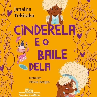 Capa de livro infantil laranja com ilustrações e texto em roxo e preto