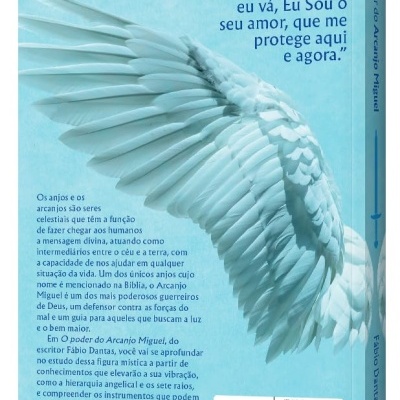 Contracapa de livro azul claro com asa de anjo e texto em português sobre arcanjos