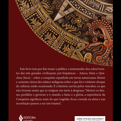Contracapa de livro vermelha com calendário asteca dourado e texto em português sobre pré-hispânicos
