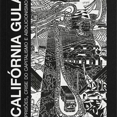 Capa preta de livro com ilustração monocromática e texto vertical e horizontal em branco