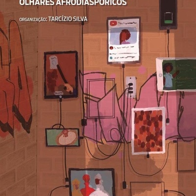 Capa de livro com texto sobre comunidades digitais e imagens estilizadas de dispositivos eletrónicos