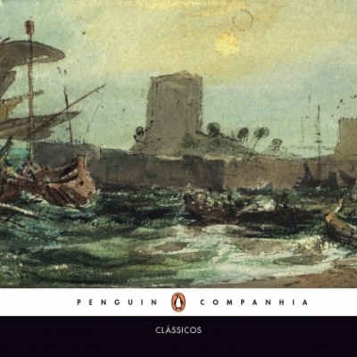 Capa do livro Ilíada de Homero com ilustração de barcos no mar ao pôr do sol