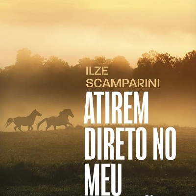 Capa de livro com cavalos a correr num campo com céu dourado e texto do título e autor