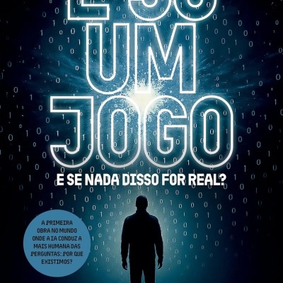 Capa de livro com texto É SÓ UM JOGO e silhueta de pessoa em fundo azul escuro.