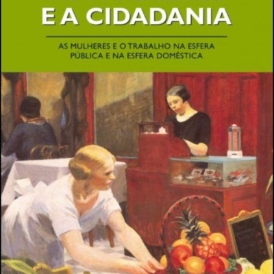 Capa de livro com título e ilustração de mulheres a trabalhar com frutas e num balcão