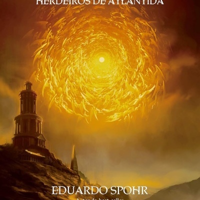 Capa do livro FILHOS DO ÉDEN com formação circular luminosa no céu e paisagem com edifício antigo junto a rio