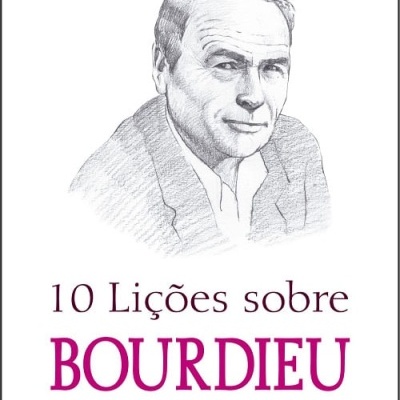 Capa do livro 10 Lições sobre Bourdieu com desenho de um homem e texto em roxo e azul