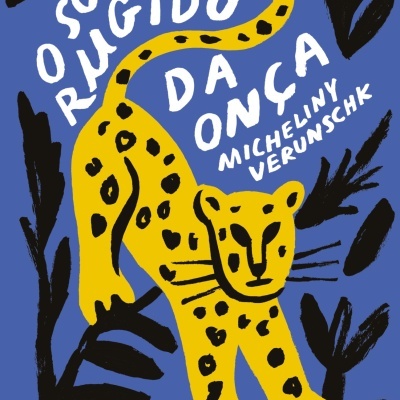 Ilustração de onça amarela com manchas pretas e texto branco em fundo azul.