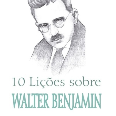 Capa de livro com retrato a lápis e texto sobre Walter Benjamin