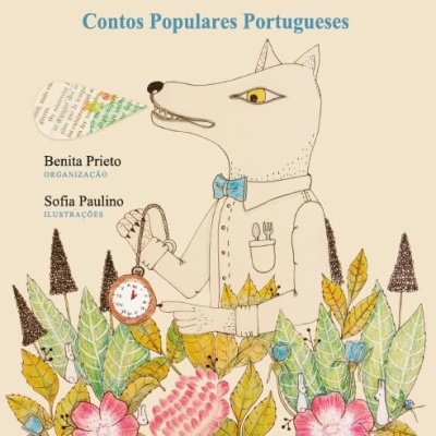 Capa de livro com ilustração de um lobo vestido e relógio, texto do título e folhas coloridas.