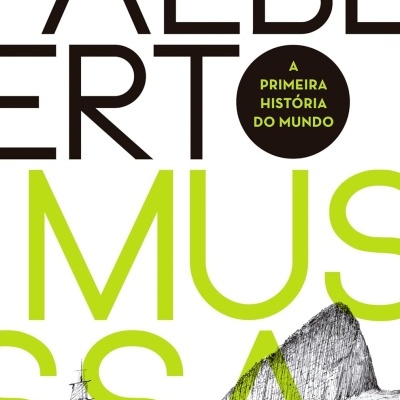 Capa de livro branco com texto preto e verde e desenho de barco e montanha em preto