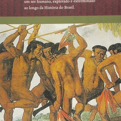 Contracapa de livro com ilustração de índios brasileiros e texto em português