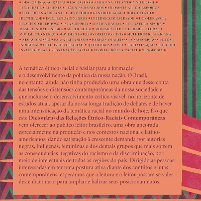 Capa traseira de livro com padrão geométrico colorido e texto em português