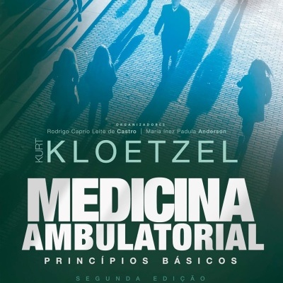 Capa do livro Medicina Ambulatorial com pessoas a caminhar e selo comemorativo de 25 anos