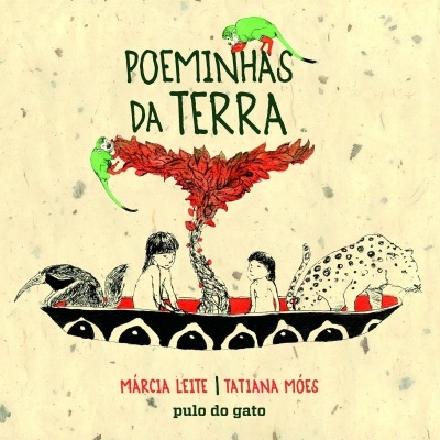 Capa ilustrada do livro POEMINHAS DA TERRA com desenho de duas crianças, animais numa canoa e texto colorido