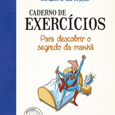 Capa de livro Caderno de Exercícios com ilustração de super-herói a sair da cama
