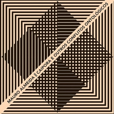 Capa de livro com padrão geométrico preto e bege e texto diagonal