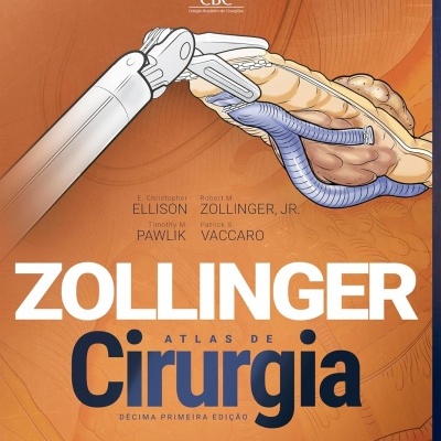Capa de livro de cirurgia com ilustração de instrumento robótico e tecido humano no fundo laranja