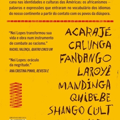 Contracapa de livro amarelo com texto sobre Africanismos e citações sobre Nei Lopes