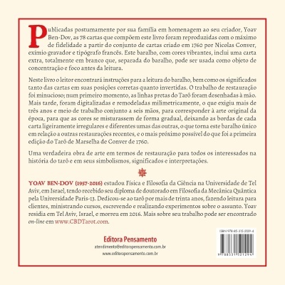 Contracapa de livro com texto sobre Yoav Ben-Dov e tarô, fundo bege com borda vermelha