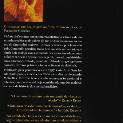 Contra-capa de livro preto com imagem de galinha amarela e texto em português
