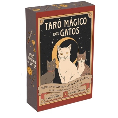 Caixa de baralho TARÔ MÁGICO DOS GATOS com ilustrações de três gatos em fundo estrelado