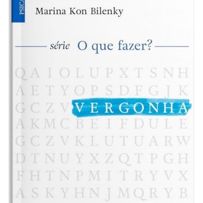 Capa de livro branco com texto azul e preto, título VERGONHA destacado em azul.