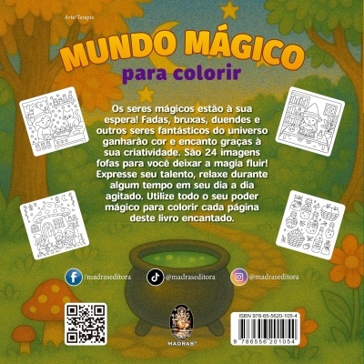 Capa traseira do livro Mundo Mágico para colorir com ilustrações para colorir e um caldeirão ao centro