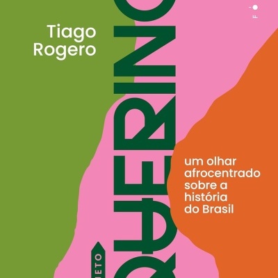 Capa de livro com cores verde, rosa e laranja e textos em português
