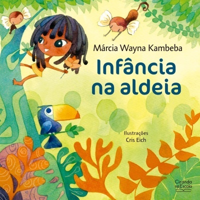 Capa de livro infantil com menina a escalar árvore, pássaros e vegetação colorida.