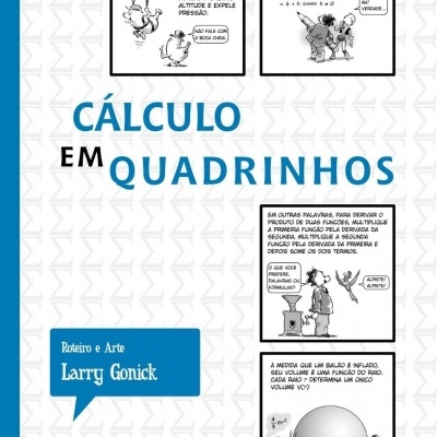 Capa do livro Cálculo em Quadrinhos com quadrinhos desenhados explicativos e texto informativo.