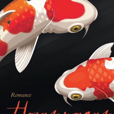 Ilustração de duas carpas koi vermelhas e brancas em fundo preto com texto do livro.