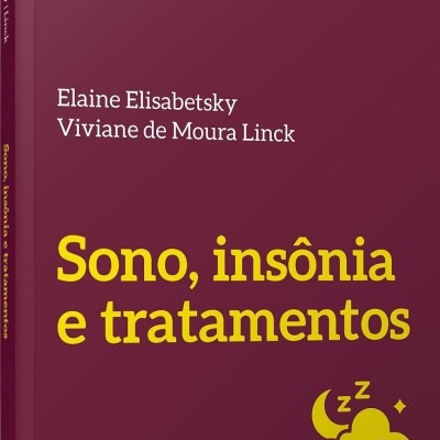 Capa de livro vinho com texto amarelo e branco sobre sono e insônia.