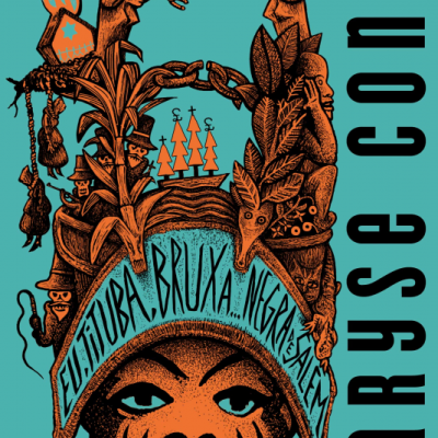 Ilustração colorida de rosto estilizado com texto CULTURA BRUXA NEGRA DE SALÉM e nome marryse conde