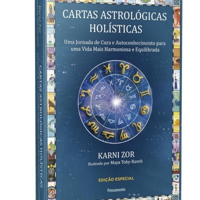 Capa de livro azul com signos astrológicos em círculo e texto em português