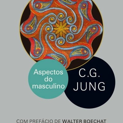 Capa de livro com padrão colorido abstrato e texto Aspectos do masculino C.G. JUNG