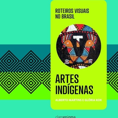 Capa de livro verde com arte indígena colorida e texto em português