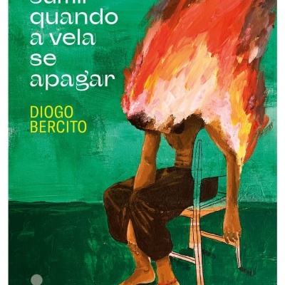 Capa de livro verde com ilustração de pessoa em chamas sentada e texto Vou sumir quando a vela se apagar