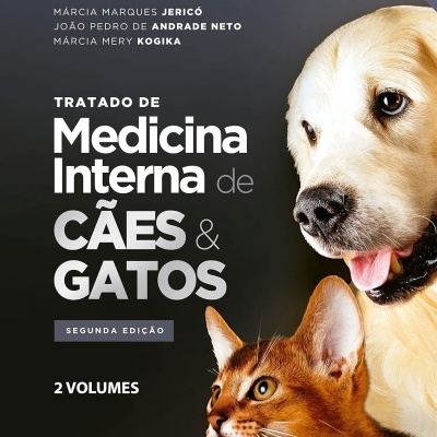 Capa de livro com foto de cão e gato e texto sobre medicina interna de cães e gatos.