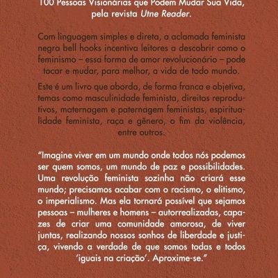 Verso de livro com texto em português sobre feminismo em fundo castanho