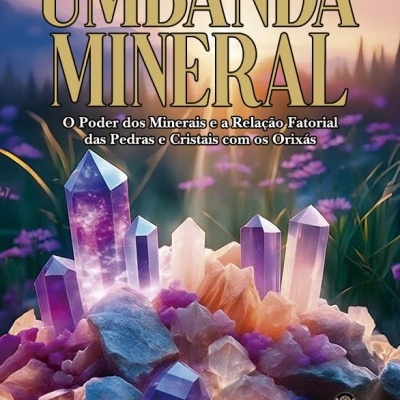 Capa de livro com cristais coloridos e texto sobre umbanda e minerais