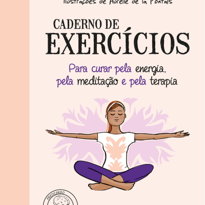 Capa do caderno de exercícios com ilustração de mulher meditando e textos relacionados à energia, meditação e terapia.