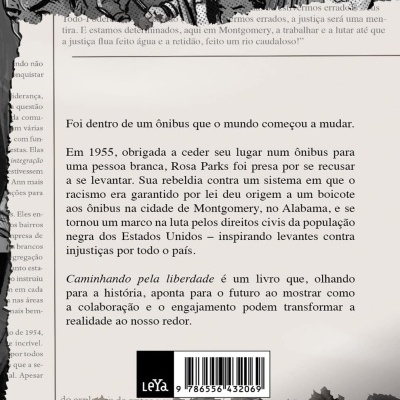 Capa traseira do livro com texto e ilustração sobre Rosa Parks e direitos civis.