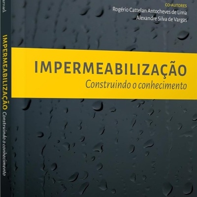 Capa de livro preto com gotas, faixa amarela com título IMPERMEABILIZAÇÃO Construindo o conhecimento