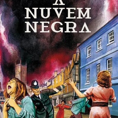 Capa de livro de ficção científica A NUVEM NEGRA com ilustração retro de pessoas assustadas na rua e céu vermelho e negro.